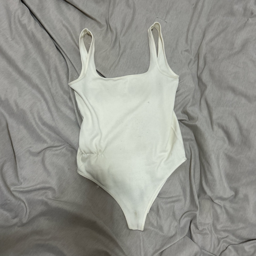 Skims White Bodysuit with Scoop Neckline and High-Cut Legs